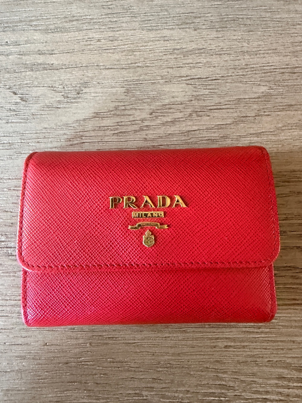 Prada Red Saffiano Leather Trifold Wallet with Gold Logo - Authentic